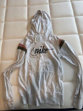 Nike Light Gray Hoodie with Black Logo and Pink & Olive Shoulder Stripes